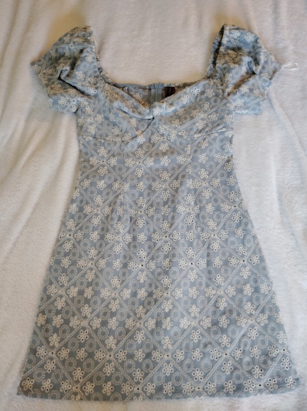 Valija Women's Embroidered Light Blue Eyelet Mini Dress with Puff Sleeves Cotton